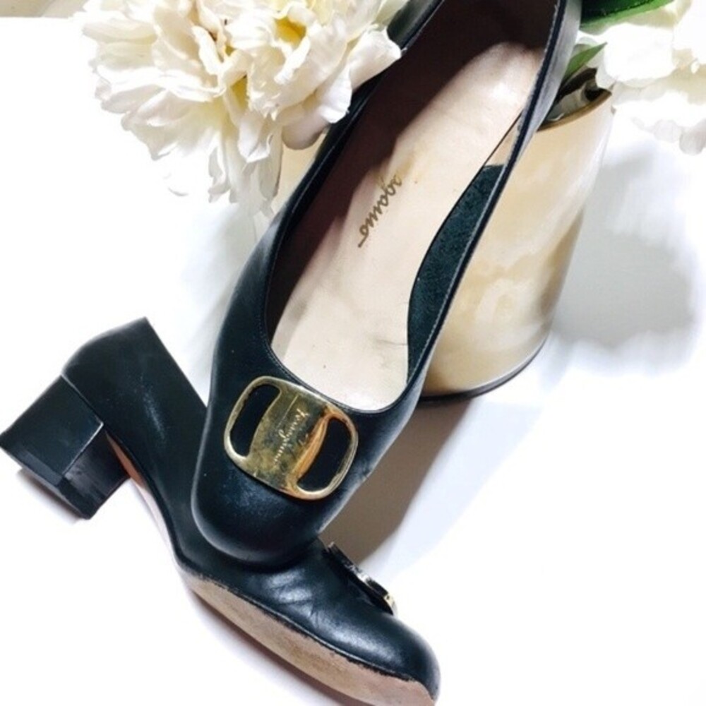 Salvatore Ferragamo Gold Buckle Black Pump 6.5 B